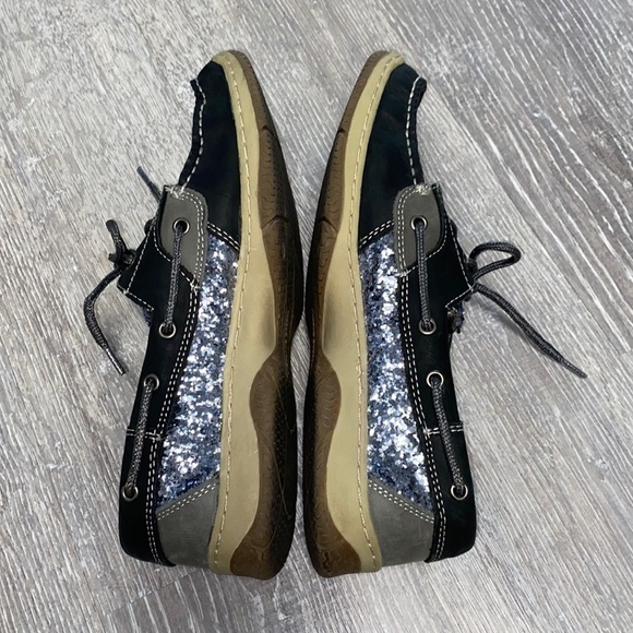 Highland Creek Black Silver Glitter Shimmer Leather Boat Shoes Topsiders New - Picture 9 of 17